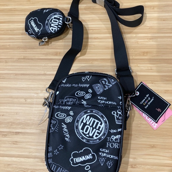 LIKE DREAMS Handbags - LIKE DREAMS Black Graffiti Nylon Crossbody Purse w/Coin Pouch